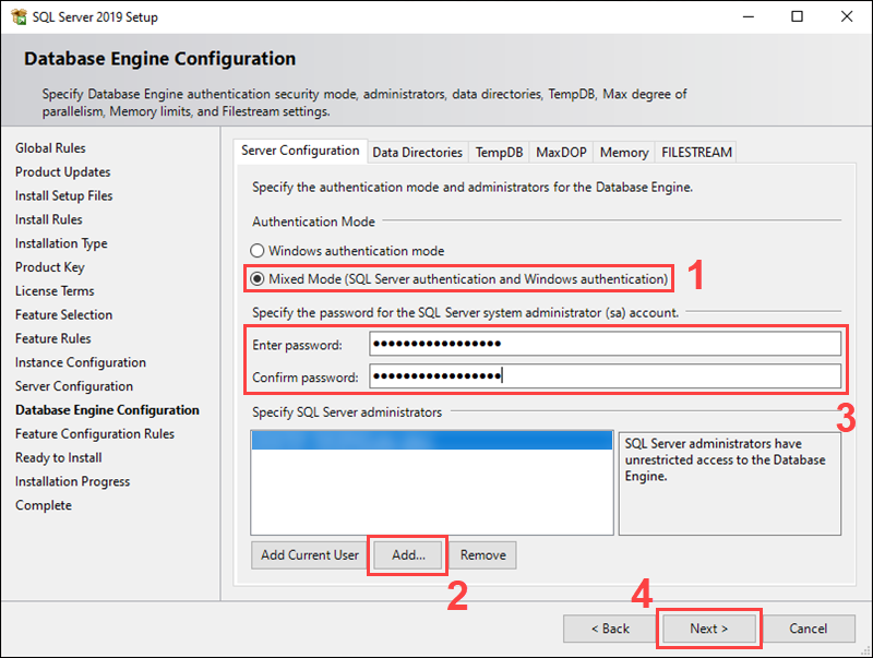 Set up the server admin username and password
