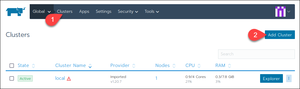 The Clusters section in the Rancher graphical interface, with the Add Cluster button on the right
