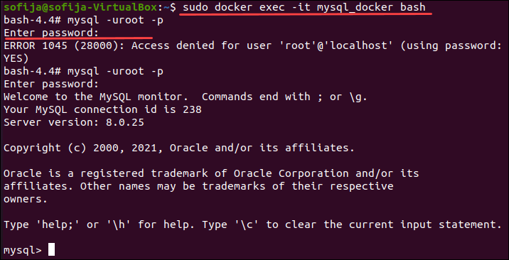 A command for connecting to a MySQL Docker container.