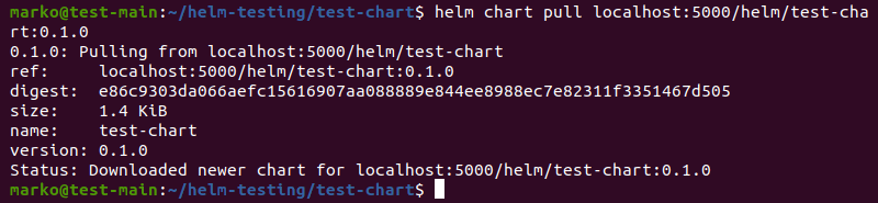 Pulling a Helm chart from the registry using the helm chart pull command.