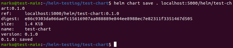 Saving a chart alias containing the registry URI using the helm chart save command.