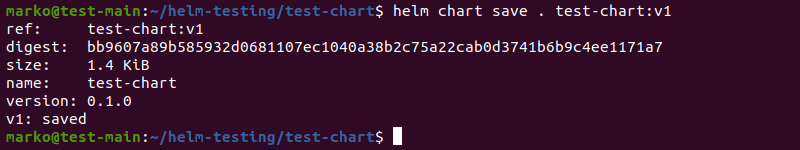 Saving a Helm chart locally using the helm chart save command.