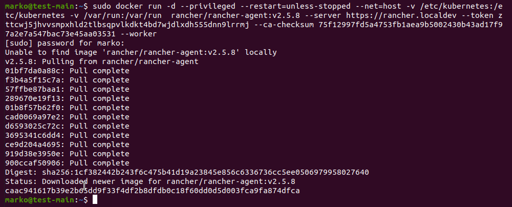 Executing the node run command on a worker node system.