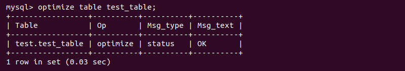 Output of the command optimize table
