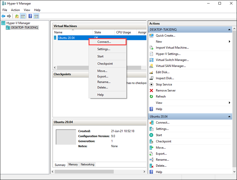 Click Connect to start the new virtual machine