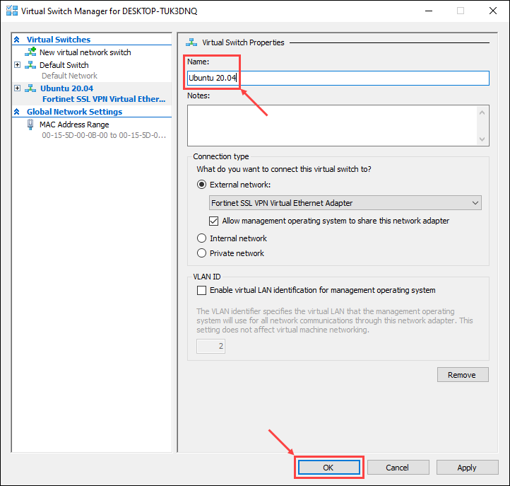 Name the new virtual switch and click OK
