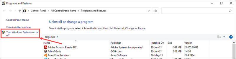 Click the Turn Windows features on or off link