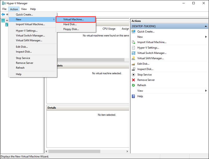 Starting the manual setup for a new virtual machine