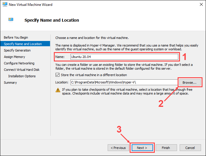 Set the name and location for the new virtual machine