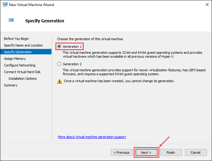 Choose the virtual machine generation