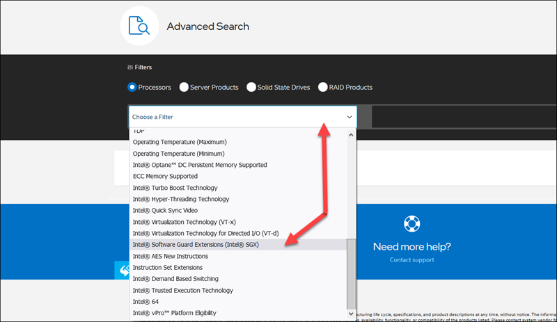 Intel advanced search to view SGX-compatible CPUs. 