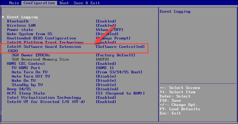 Legacy BIOS with the Intel SGX option in focus. 