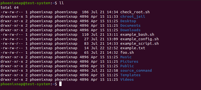 Using the new ll command to list the files in the current directory