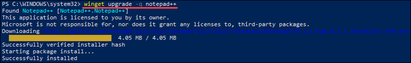 Find and upgrade a single app in winget using the -q argument.