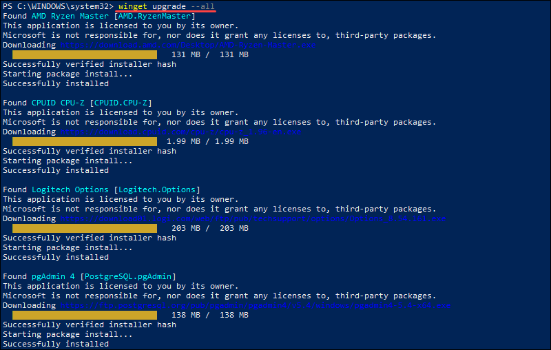 Upgrade all apps at once using the winget upgrade command.