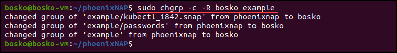 See chgrp command actions using the -c flag.
