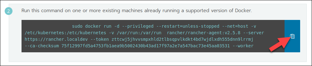 Copying the command to register worker nodes in Rancher.