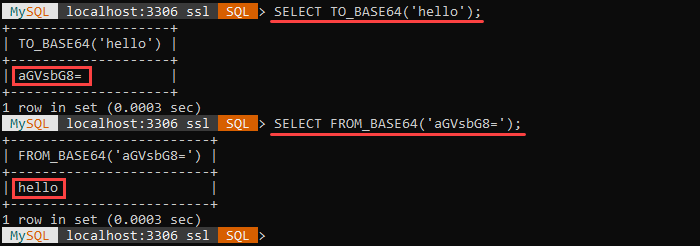 An example of the FROM_BASE64 and TO_BASE64 string functions.