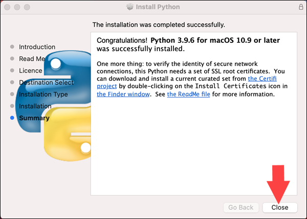 The installer confirms the successful installation of Python 3.9 on MacOS