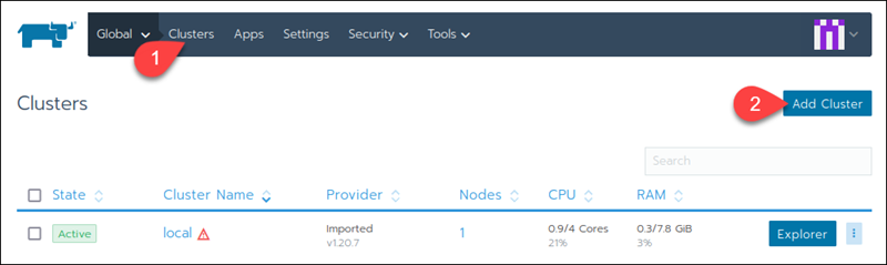 Adding a new cluster in Rancher.