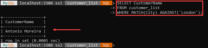 An example of the MATCH string function.