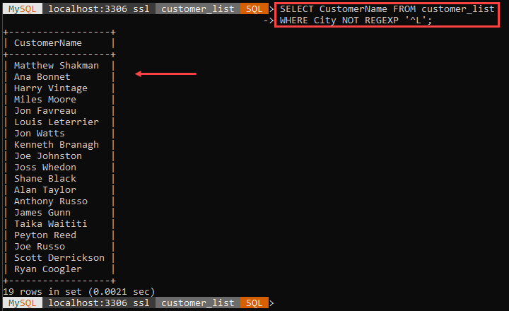 An example of the NOT REGEXP string function.
