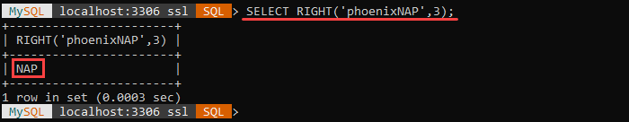 An example of the RIGHT string function.