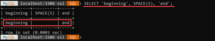 An example of the SPACE string function.