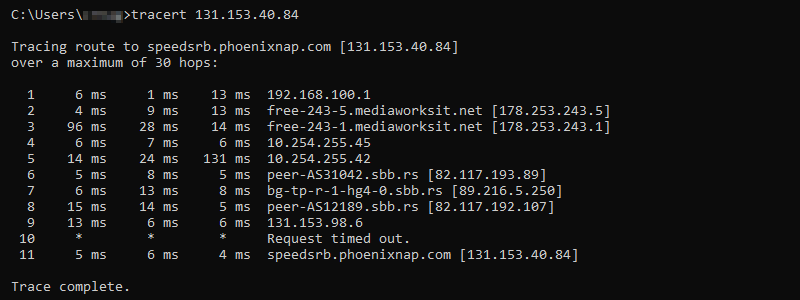 Output of tracert on Windows