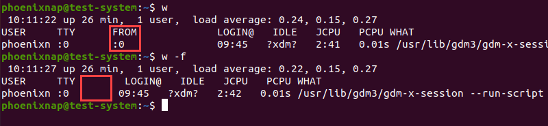 Toggling the FROM field on and off in the w command output