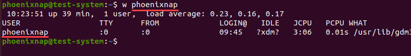 Displaying the w command output for a specific user