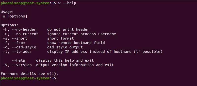 Using the help option for the w command