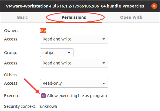 Make VMware Workstation package executable for installing.