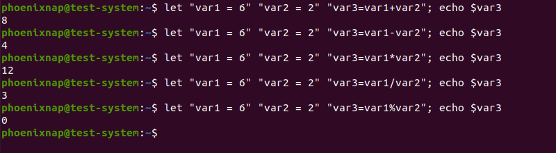 Performing basic arithmetic operations using the bash let command