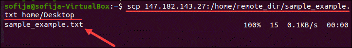 Copy a file from a remote server to a local server using the scp command.