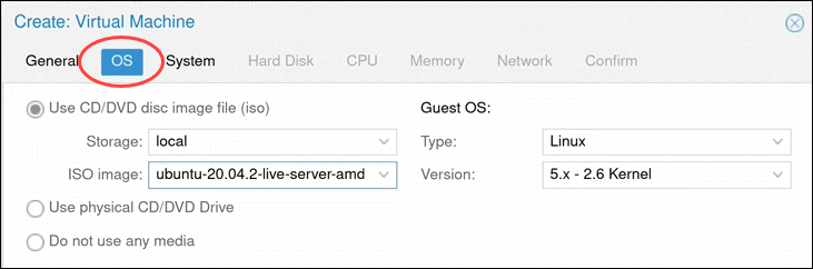 Select OS for Proxmox virtual machine.