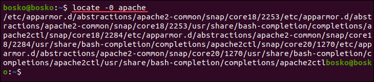Replacing the locate output entries with ASCII NUL instead of a newline character.