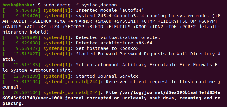 Showing log messages from multiple facilities in dmesg.