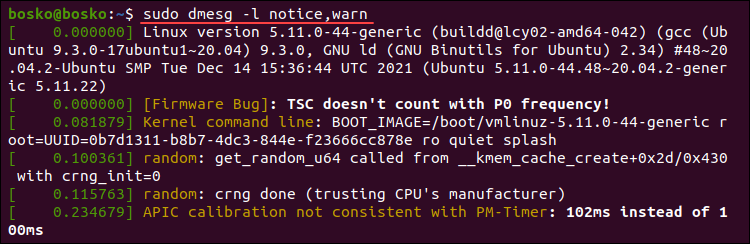 Filtering dmesg output to print messages from multiple log levels.