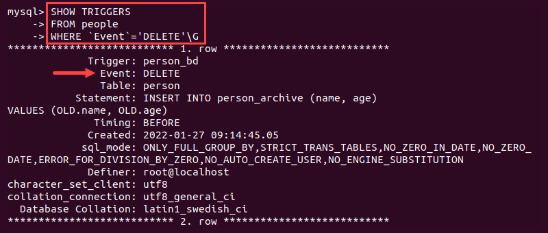 show triggers event mysql output