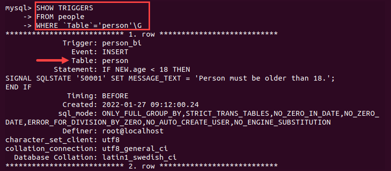 SHOW TRIGGERS FROM table MySQL output