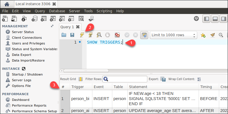 show triggers mysql workbench
