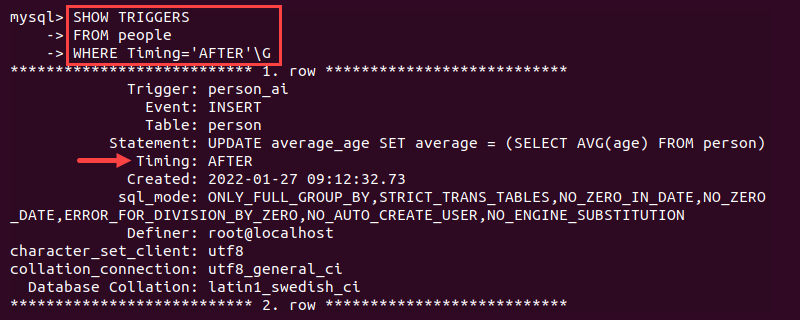 show triggers timing mysql output