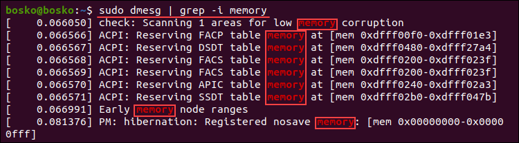 Searching for a specific term in the dmesg log.