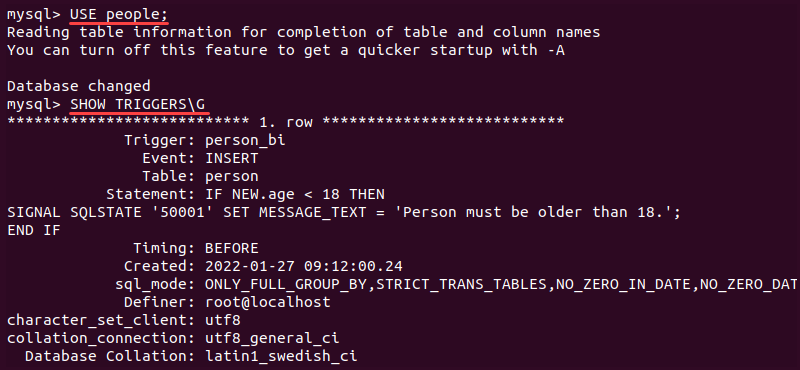 use database show triggers mysql output