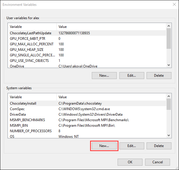 Click the New button under the System variables section