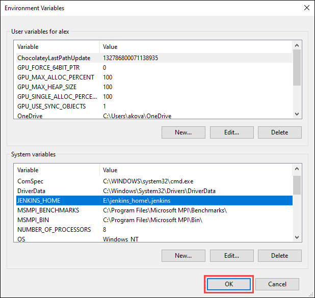 Click OK in the Environment Variables window to save changes