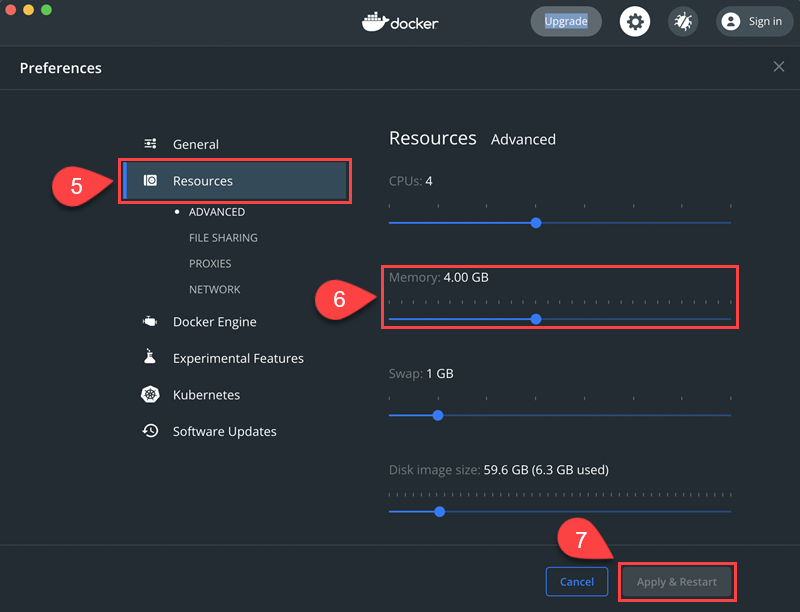 Go to Docker resources and set the memory to 4GB.