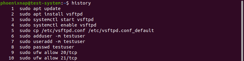 Using the history command to display the command history list