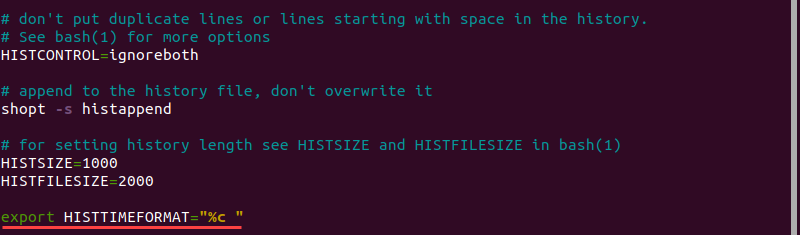 Edit the .bashrc file to include timestamps in the history command output